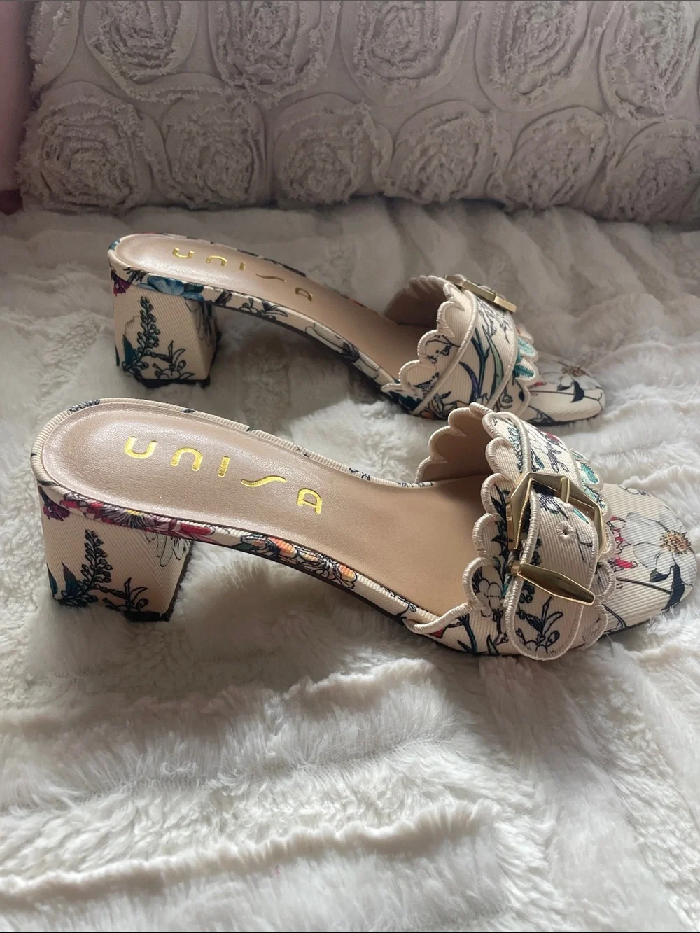 Unisa Cream Floral Buckle Scalloped Mules - Picture 3 of 4